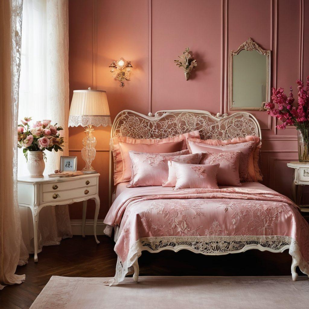 A luxurious lingerie display featuring a blend of vintage lace and modern sleek fabrics, surrounded by soft, ambient lighting. Include elements like delicate floral patterns and contemporary designs, embellished with ribbons and silk. The background should suggest an elegant boudoir setting with vintage furniture, highlighting the contrast between old and new styles. Use warm, inviting colors to evoke a sense of intimacy and allure. super-realistic. vibrant colors.