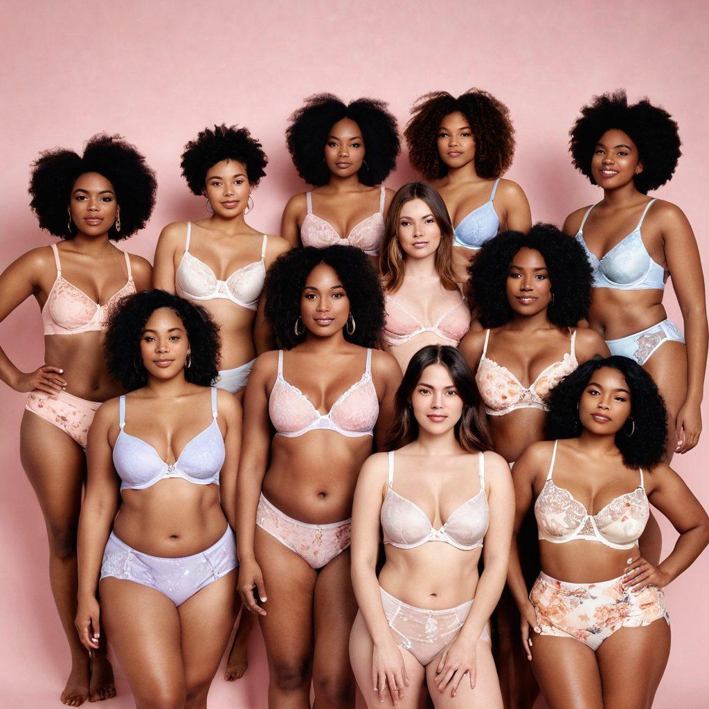 An array of diverse women of different body types showcasing various styles of intimate apparel confidently, set against a soft pastel background. Each model exudes empowerment and comfort, playfully interacting with accessories and mirrors. The lighting should emphasize the fabrics' textures and vibrant colors of the lingerie, symbolizing body positivity. Artistic touches like watercolor splashes or floral motifs could enhance the image. vibrant colors. soft pastel background. fashion illustration.