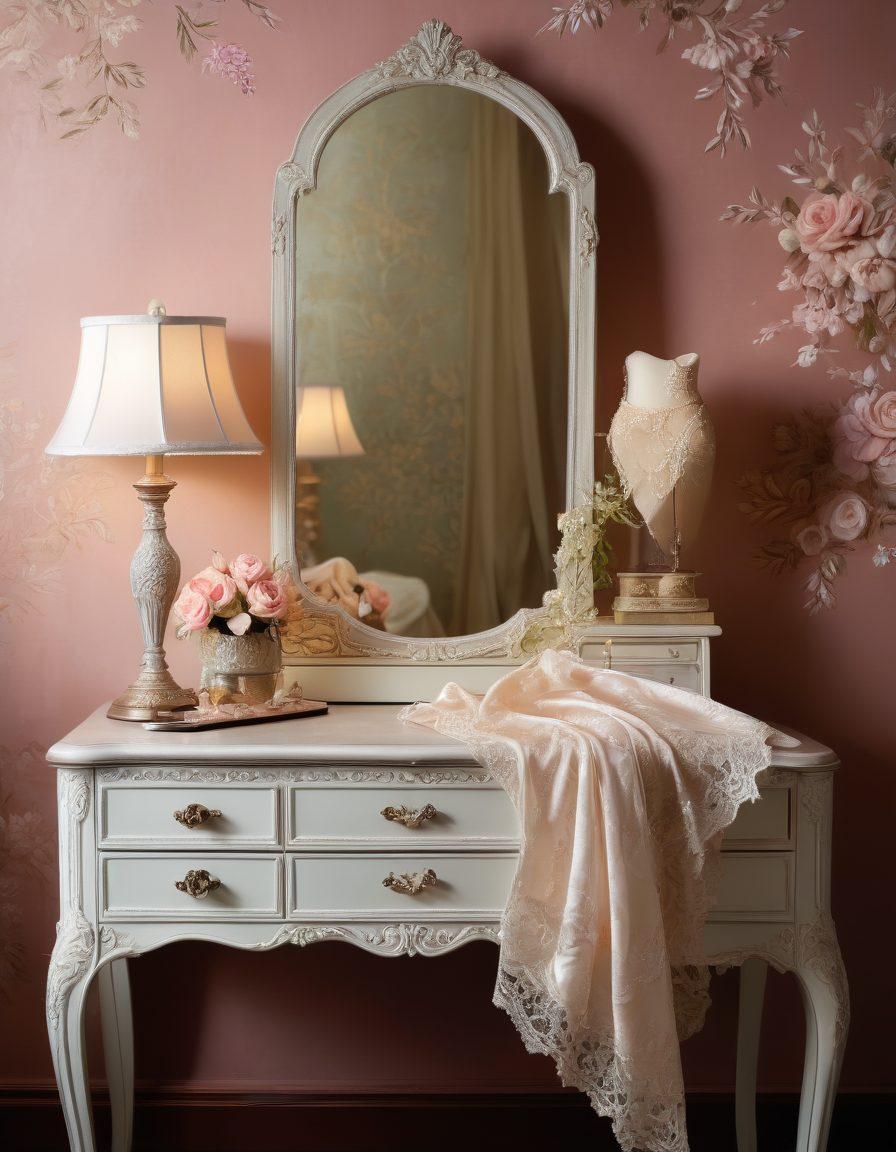 A sophisticated display of luxurious lingerie showcasing delicate lace, silk, and intricate embroidery, elegantly draped over a vintage vanity. Soft lighting casting gentle shadows enhances the textures, while a plush velvet background adds depth and richness. Include elegant accessories like pearls and floral accents to evoke a sense of timeless beauty. super-realistic. soft pastels. luxurious ambiance.